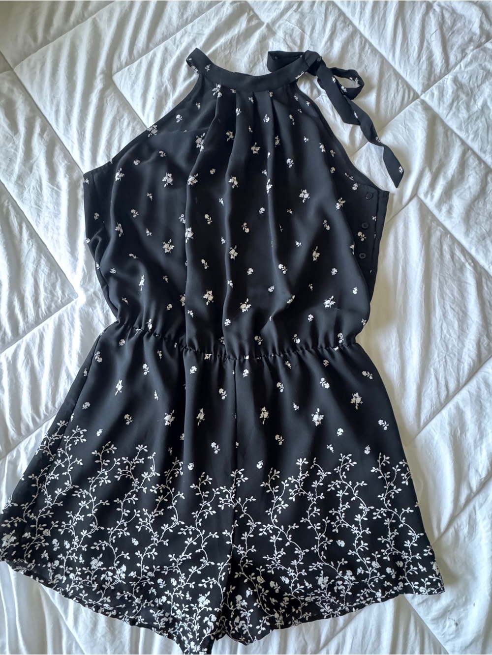 Black Floral Halter One-Piece Romper